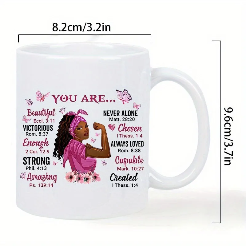 Tailorly White Ceramic 11 oz Mug - You Are Beautiful Victorious Strong Amazing Empowered Black Woman Wearing Pink Headband With Butterflies Woman made by Tailorly
