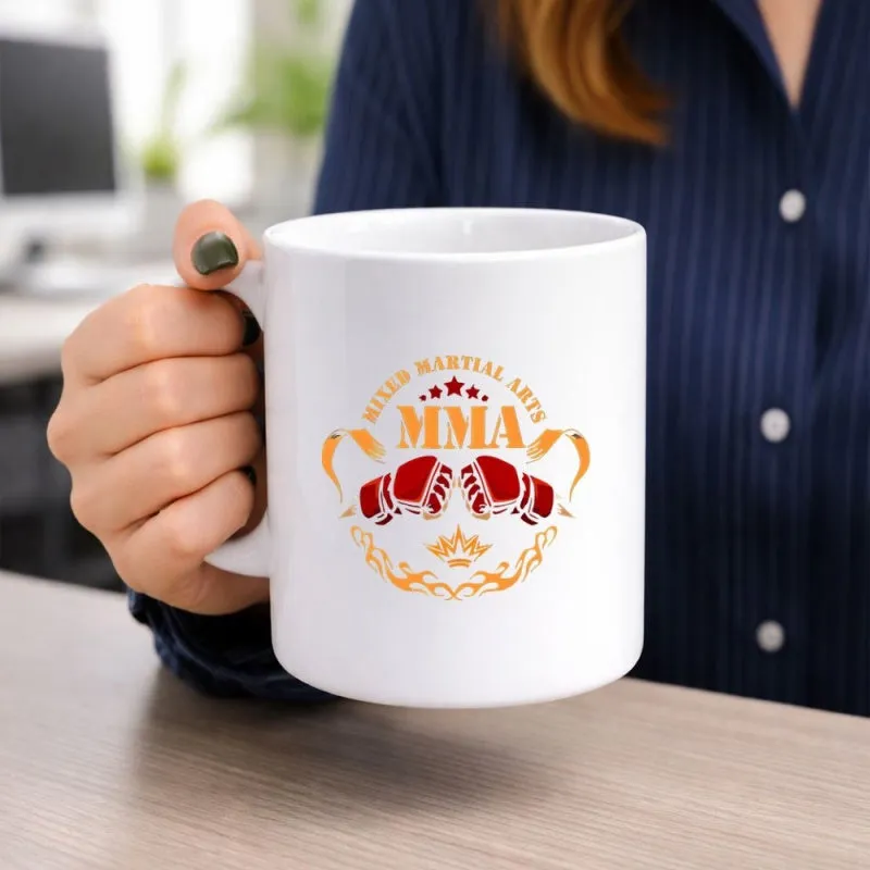 Tailorly White Ceramic 11 oz Mug - Mixed Martial Arts Mma Ornate Golden Flourishes And Crown Over Red Combat Glove made by Tailorly
