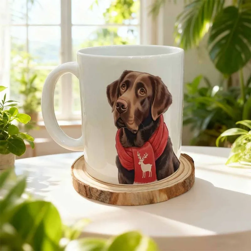 Tailorly White Ceramic 11 oz Mug - Cozy Chocolate Brown Labrador Wearing A Festive Red Reindeer Scarf Dog made by Tailorly