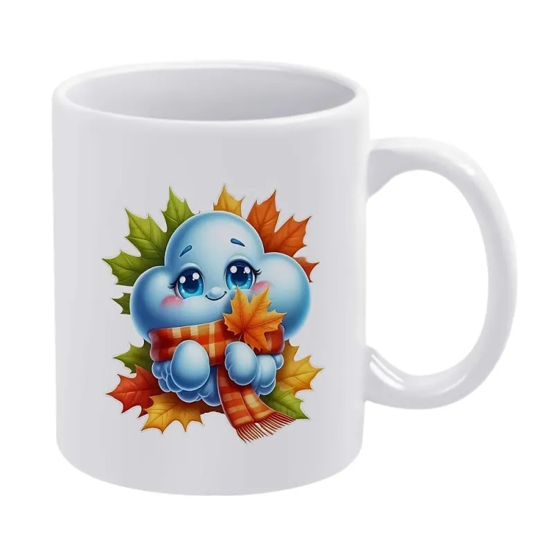 Tailorly White Ceramic 11 oz Mug - Adorable Soft Blue Character Wearing Plaid Scarf Among Vibrant Autumn Maple Leaves Cloud made by Tailorly