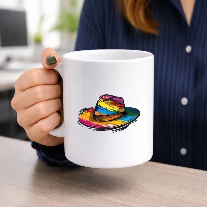 Tailorly White Ceramic 11 oz Mug - Vibrant Rainbow Colored Watercolor Style Wide Brimmed Stylish Summer Fedora Hat made by Tailorly