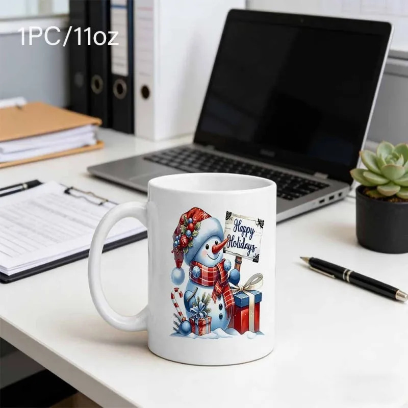 Tailorly White Ceramic 11 oz Mug - Happy Holidays Festive Winter Snowman Wearing Red Plaid Scarf Holding Sign Among Gifts Snowman made by Tailorly