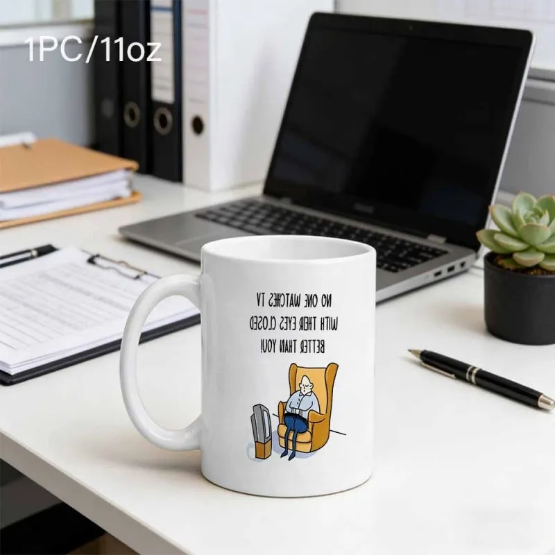 Tailorly White Ceramic 11 oz Mug - No One Watches Tv With Eyes Closed But My Dad Does Cartoon Man Relaxing In A Cozy Yellow Armchair Watching Small Television Mug made by Tailorly