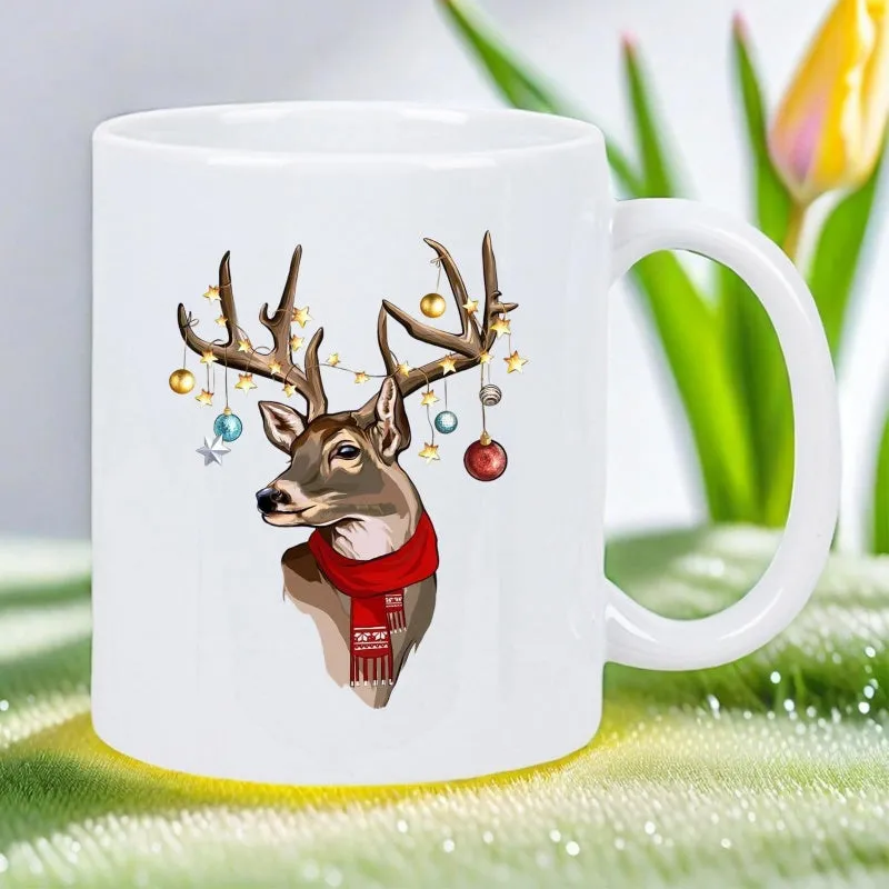 Tailorly White Ceramic 11 oz Mug - Festive Reindeer With Antlers Decorated By Hanging Ornaments And Scarf Deer made by Tailorly