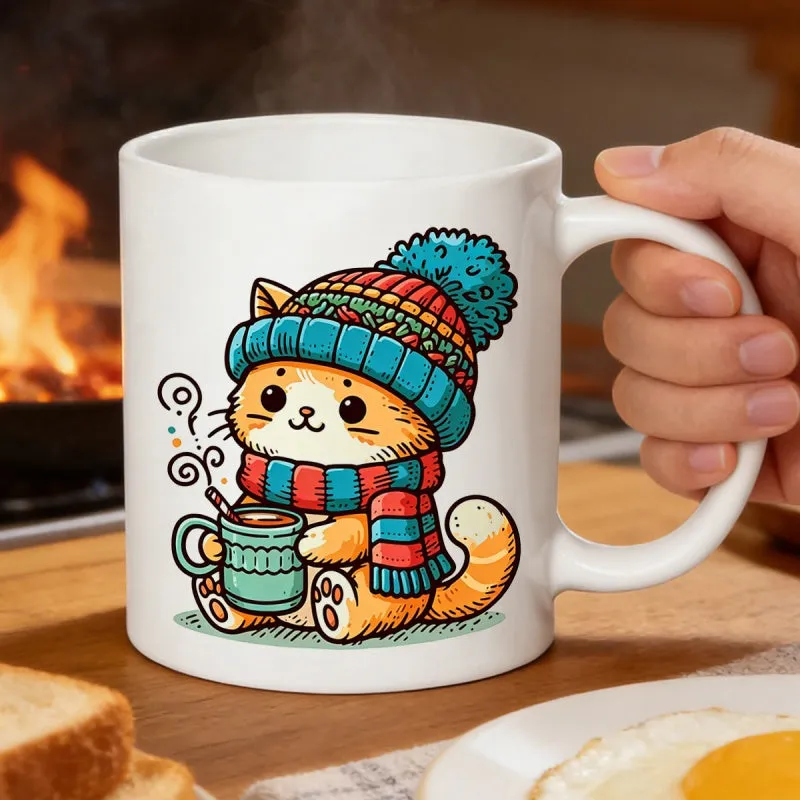 Tailorly White Ceramic 11 oz Mug - Cute Orange Kitten Wearing Knitted Beanie And Striped Scarf Holding Hot Cocoa Cat made by Tailorly