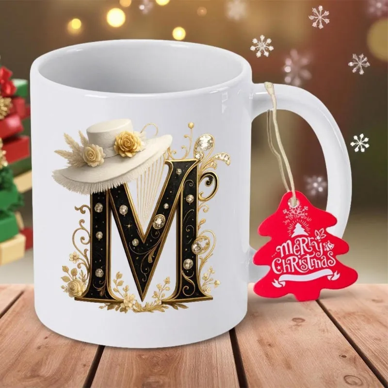 Tailorly White Ceramic 11 oz Mug - Merry Christmas Ornate Golden Monogram Wearing White Wide Brimmed Floral Sun Hat Letter made by Tailorly