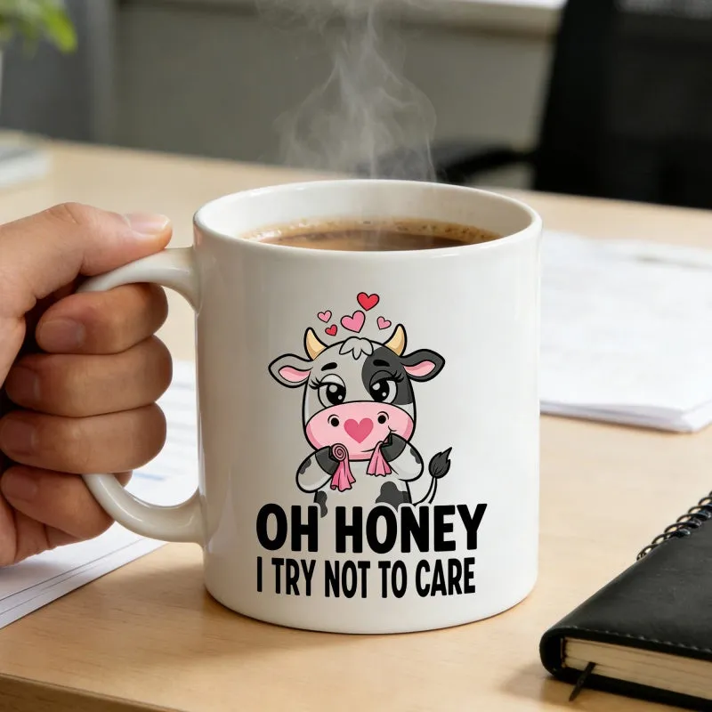 Tailorly White Ceramic 11 oz Mug - Oh Honey I Try Not To Care Adorable Cartoon Farm Animal With Small Pink Hearts And Scarf Cow made by Tailorly
