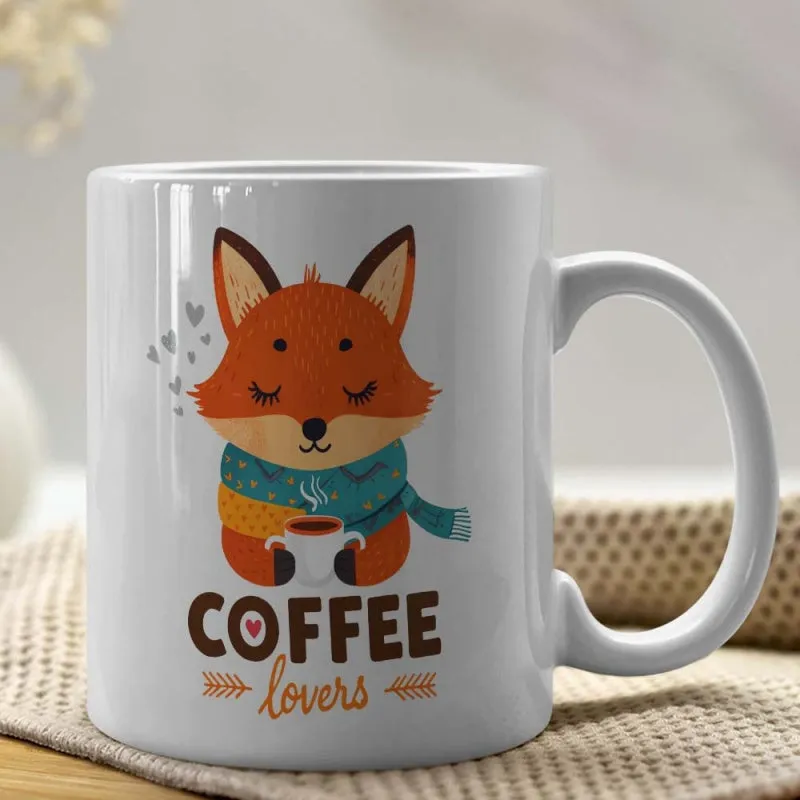 Tailorly White Ceramic 11 oz Mug - Coffee Lovers Cute Cartoon Orange Fox Wearing A Cozy Scarf Holding Coffee Fox made by Tailorly