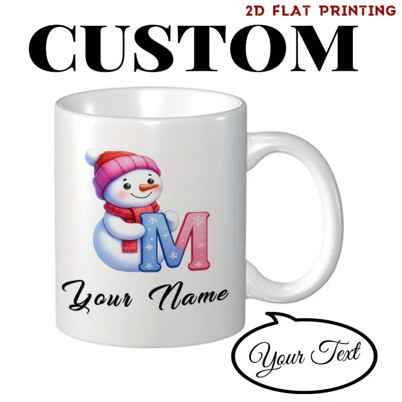 Tailorly White Ceramic 11 oz Mug - Your Name Adorable Winter Character Wearing Pink Hat And Red Scarf Holding Letter Snowman made by Tailorly