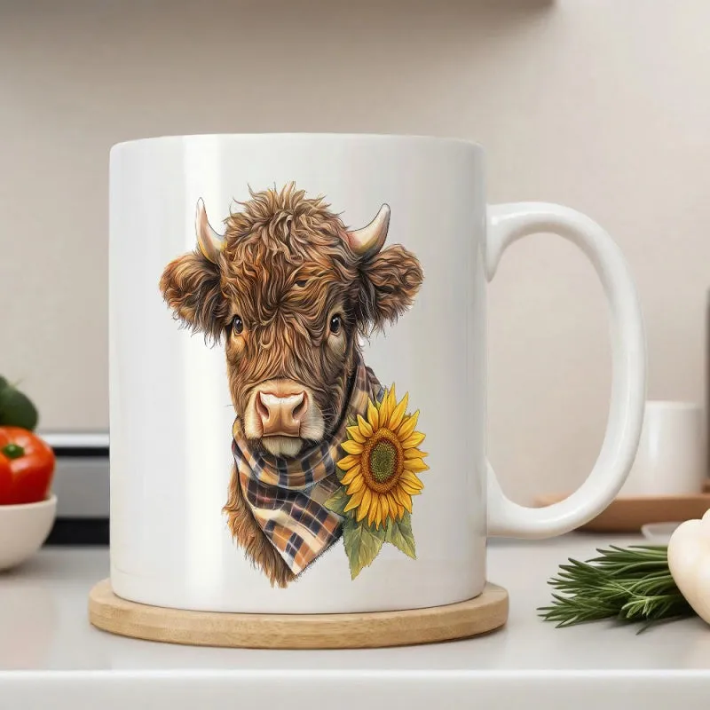 Tailorly White Ceramic 11 oz Mug - Rustic Brown Fur Highland With Plaid Scarf And Vibrant Yellow Sunflower Cow made by Tailorly