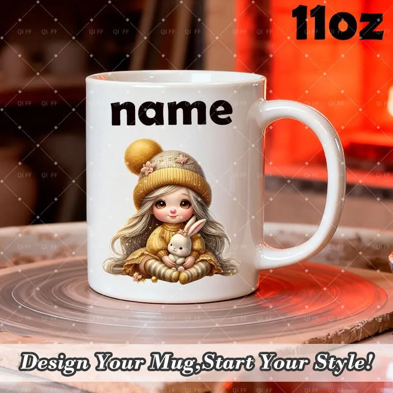 Tailorly White Ceramic 11 oz Mug - Name Sweet Little Girl In Yellow Beanie Hugging Small White Rabbit Girl made by Tailorly