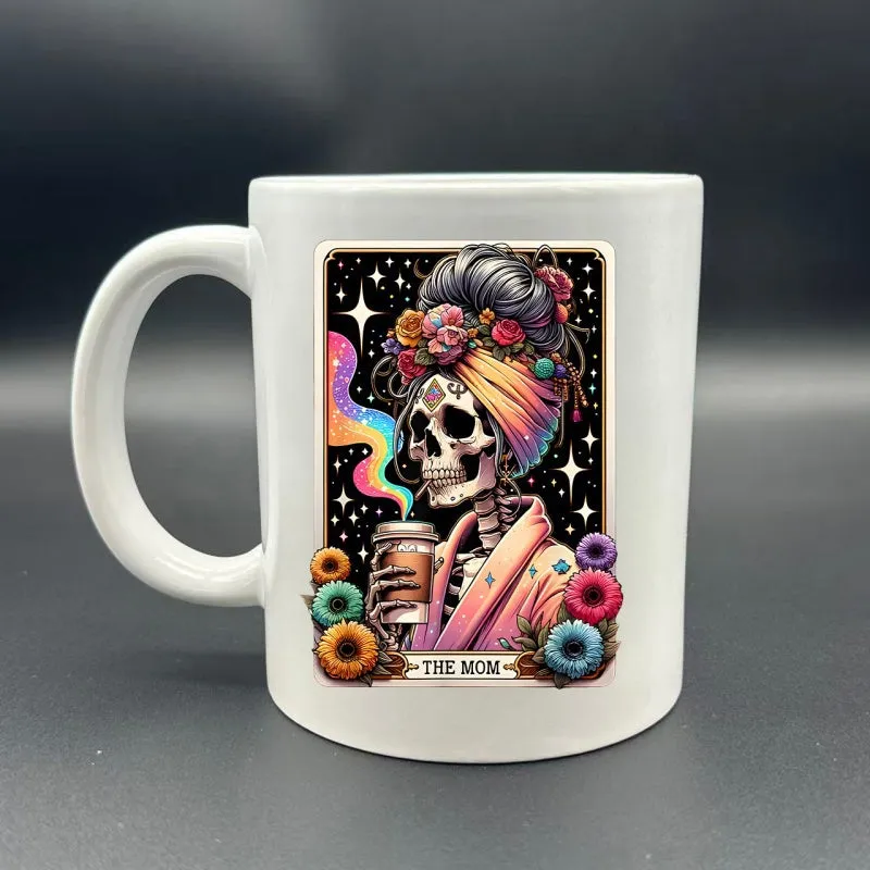 Tailorly White Ceramic 11 oz Mug - The Mom Artistic Tarot Card Style Skeleton With Floral Headband Drinking Coffee Skeleton made by Tailorly