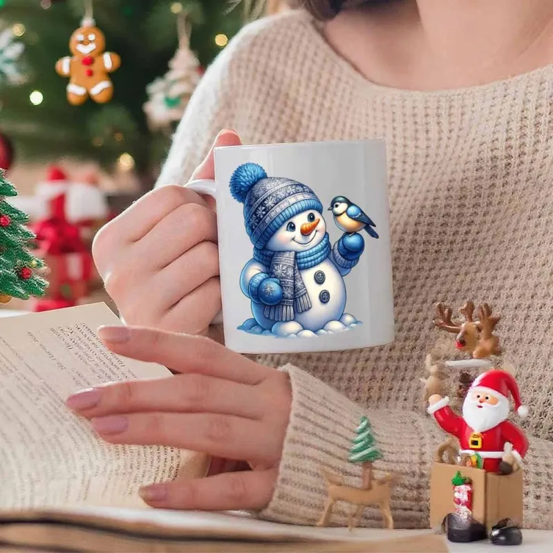 Tailorly White Ceramic 11 oz Mug - Charming Winter Character Wearing Blue Knitted Hat And Scarf With Tiny Bird Snowman made by Tailorly