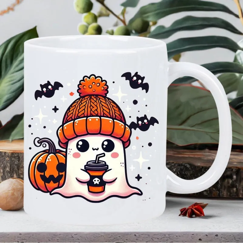 Tailorly White Ceramic 11 oz Mug - Adorable Halloween Character Wearing Knitted Beanie Featuring Pumpkin And Bats Ghost made by Tailorly