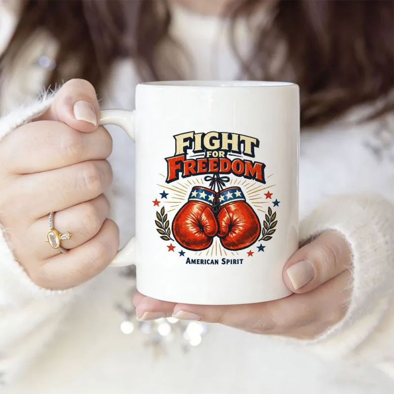 Tailorly White Ceramic 11 oz Mug - Fight For Freedom American Spirit Patriotic Red Boxing Gloves Hanging With Stars And Laurel Wreath Boxing Glove made by Tailorly