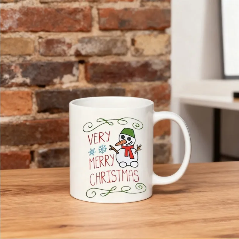 Tailorly White Ceramic 11 oz Mug - Very Merry Christmas Hand Drawn Cartoon Wearing Festive Green Hat And Red Scarf Snowman made by Tailorly