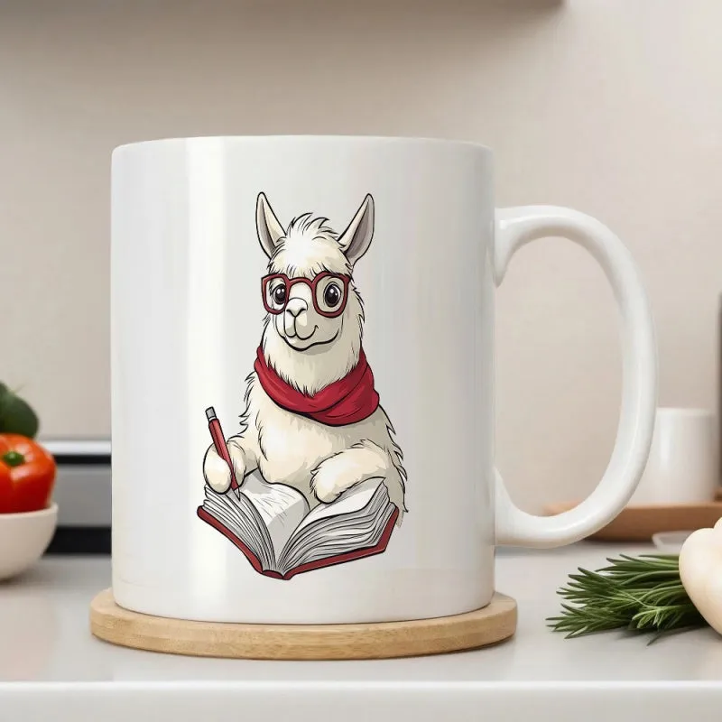 Tailorly White Ceramic 11 oz Mug - Cute Scholarly Animal Wearing Red Glasses And Scarf Reading A Book Llama made by Tailorly