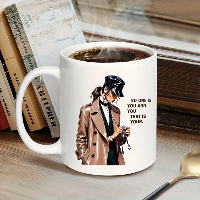 Tailorly White Ceramic 11 oz Mug - No One Is You And You That Is Your Fashionable Lady Wearing Brown Trench Coat Holding Vintage Film Camera Woman made by Tailorly