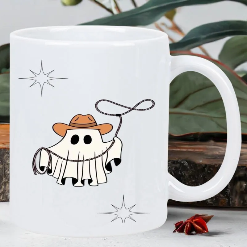 Tailorly White Ceramic 11 oz Mug - Whimsical Sheet Spirit Wearing Brown Cowboy Hat Holding Lasso Ghost made by Tailorly