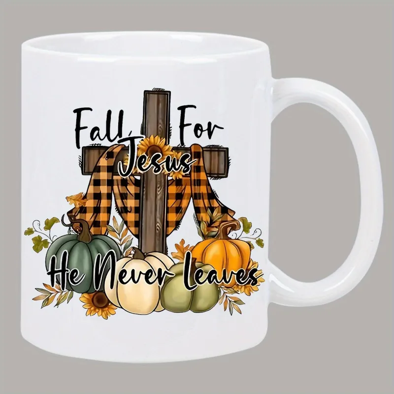 Tailorly White Ceramic 11 oz Mug - Fall For Jesus He Never Leaves Rustic Wooden Cross With Plaid Scarf And Various Autumn Pumpkins Cross made by Tailorly