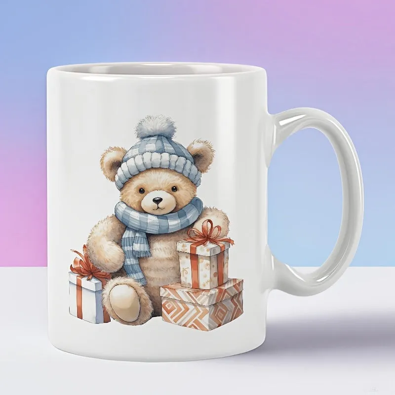 Tailorly White Ceramic 11 oz Mug - Adorable Illustrated Toy Wearing Blue Scarf And Hat Among Seasonal Gift Boxes Bear made by Tailorly