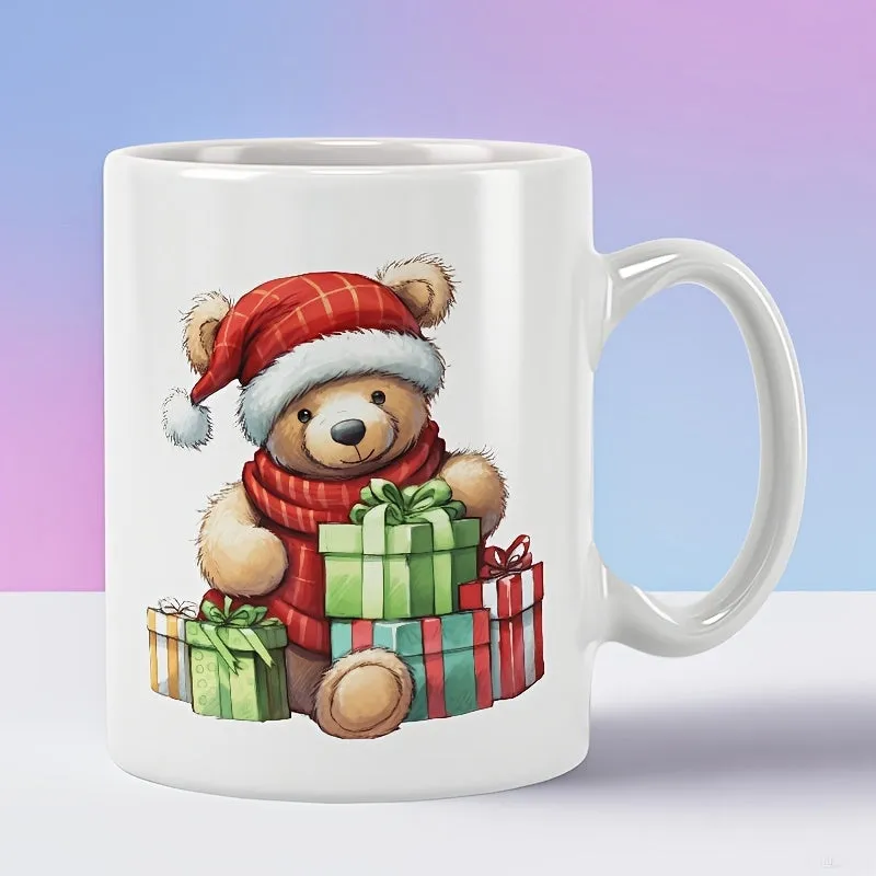 Tailorly White Ceramic 11 oz Mug - Adorable Christmas Teddy Wearing Red Hat And Scarf Among Wrapped Gifts Bear made by Tailorly
