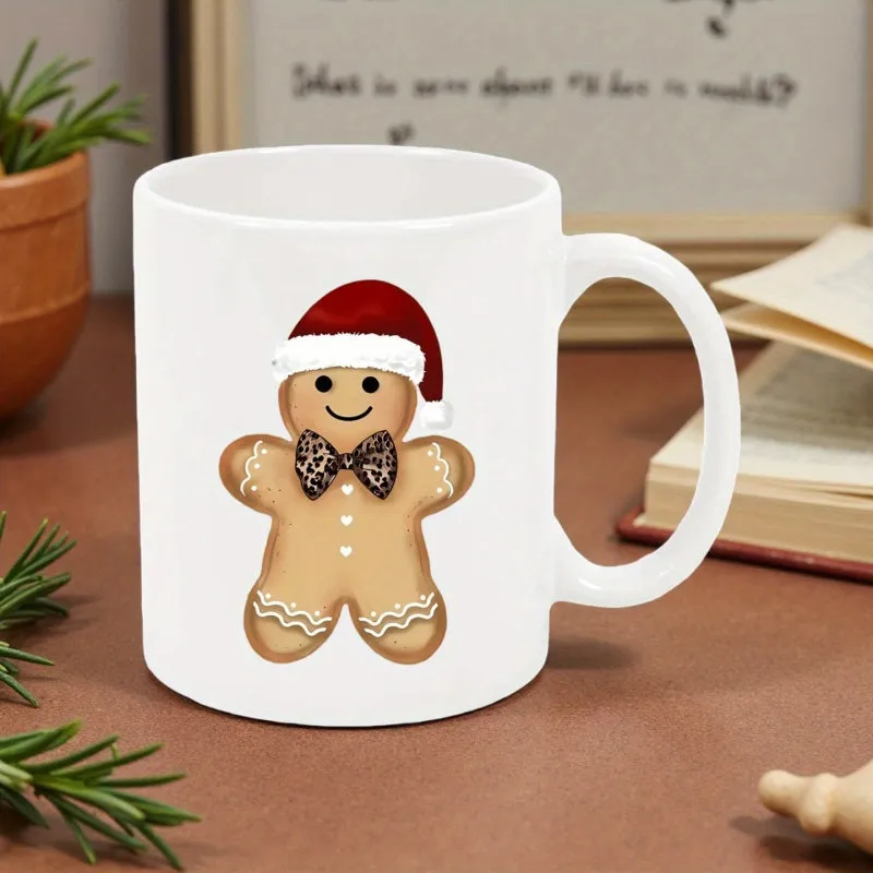 Tailorly White Ceramic 11 oz Mug - Cheerful Festive Red Santa Hat With Leopard Pattern Bow Tie Gingerbread Man made by Tailorly