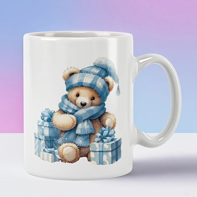 Tailorly White Ceramic 11 oz Mug - Cute Winter Teddy Wearing Blue Striped Scarf Hat Sitting Near Gifts Bear sold by Tailorly