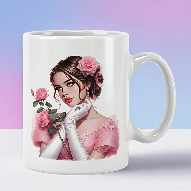 Tailorly White Ceramic 11 oz Mug - Elegant Young Lady Wearing White Gloves Holding Soft Blooming Pink Rose Woman made by Tailorly