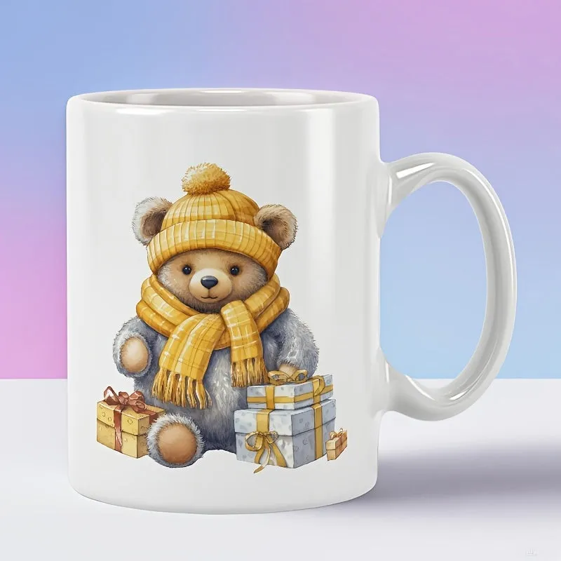 Tailorly White Ceramic 11 oz Mug - Adorable Fluffy Sitting Teddy Wearing Yellow Knitted Hat And Scarf With Presents Bear made by Tailorly