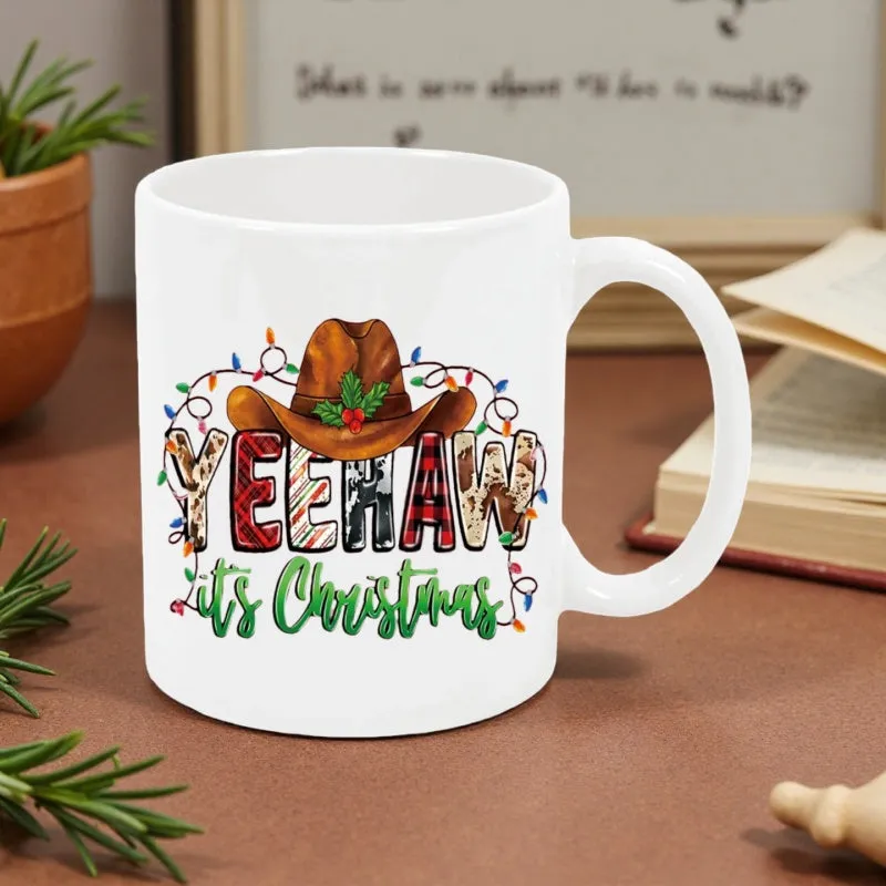 Tailorly White Ceramic 11 oz Mug - Yeehaw Its Christmas Classic Brown Cowboy Hat Decorated With Colorful Festive Twinkling Lights Hat made by Tailorly