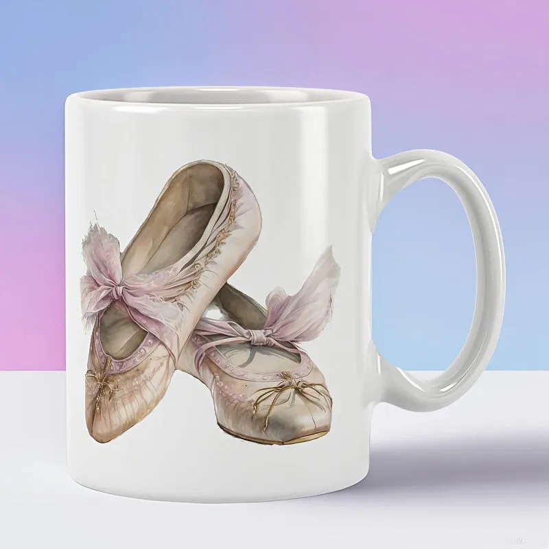Tailorly White Ceramic 11 oz Mug - Vintage Pink Satin Pointe Shoes With Elegant Ribbons Resting Gracefully Ballet Slippers made by Tailorly