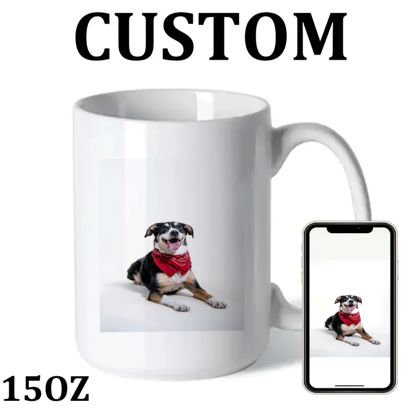 Tailorly White Ceramic 11 oz Mug - Custom Sitting Loyally On White Surface Wearing A Red Bandana Scarf Dog made by Tailorly