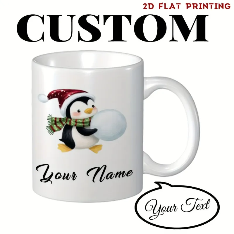 Tailorly White Ceramic 11 oz Mug - Custom Your Name Your Text Adorable Winter Penguin Wearing Red Hat And Green Scarf Holding Snowball Penguin made by Tailorly