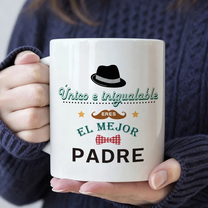 Tailorly White Ceramic 11 oz Mug - Stylish Black Fedora With Brown Mustache And Red Checkered Bow Tie Gentleman made by Tailorly