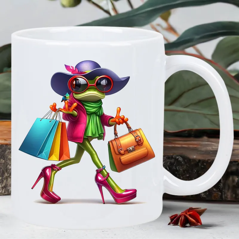 Tailorly White Ceramic 11 oz Mug - Fashionable Shopping Lady Wearing High Heels And Large Purple Hat Frog made by Tailorly