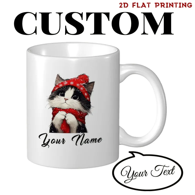 Tailorly White Ceramic 11 oz Mug - Custom Your Name Adorable Fluffy Kitten Wearing Red Polka Dot Hat And Scarf Cat made by Tailorly