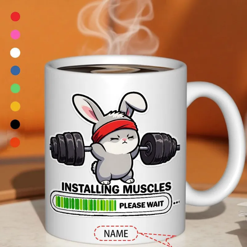 Tailorly White Ceramic 11 oz Mug - Installing Muscles Please Wait Adorable Gray Rabbit Wearing Red Headband Lifting Large Weights Rabbit made by Tailorly
