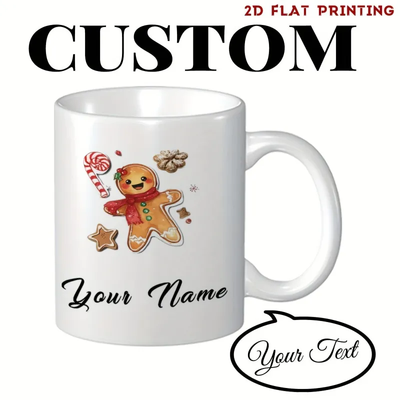 Tailorly White Ceramic 11 oz Mug - Your Name Festive Smiling Wearing Red Scarf Among Holiday Sweet Treats Gingerbread Man made by Tailorly