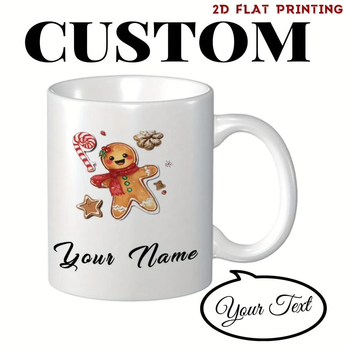Tailorly White Ceramic 11 oz Mug - Your Name Festive Smiling Wearing Red Scarf Among Holiday Sweet Treats Gingerbread Man sold by Tailorly