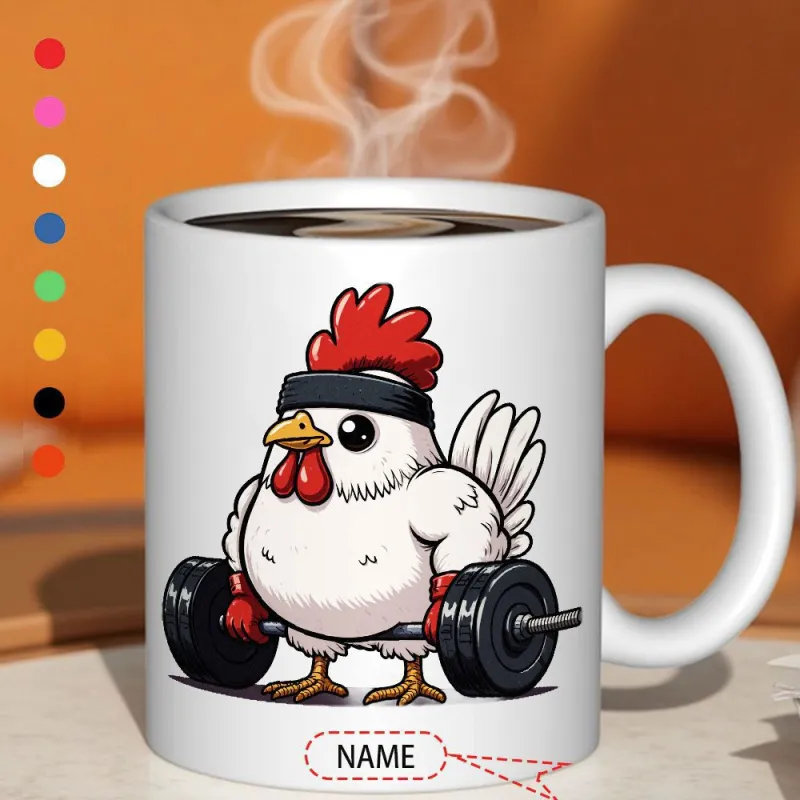 Tailorly White Ceramic 11 oz Mug - Name Muscular Cartoon White Bird Wearing Black Headband Lifting Heavy Weight Barbell Rooster made by Tailorly
