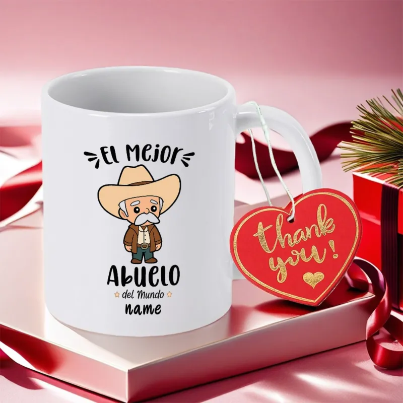 Tailorly White Ceramic 11 oz Mug - Thank You Name Senior Man Wearing Classic Cowboy Hat In A Cartoon Style Man made by Tailorly