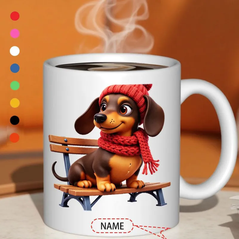 Tailorly White Ceramic 11 oz Mug - Name Cute Cartoon Brown Dog Wearing Red Knitted Scarf Resting On Wooden Bench Dachshund made by Tailorly
