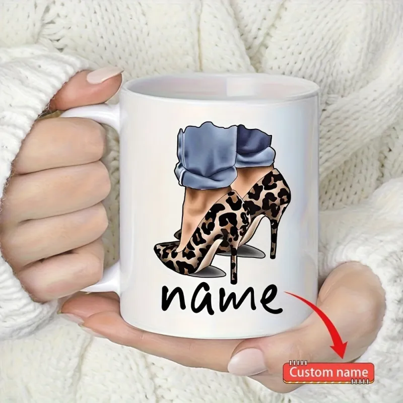 Tailorly White Ceramic 11 oz Mug - Name Elegant Leopard Print Stiletto High Heels With Stylish Cuffed Denim Jeans Heels made by Tailorly