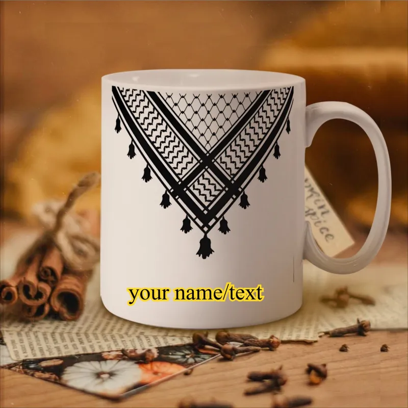 Tailorly White Ceramic 11 oz Mug - Your Name Text Traditional Middle Eastern Scarf Pattern With Black Geometric Lines And Tassels Mug made by Tailorly
