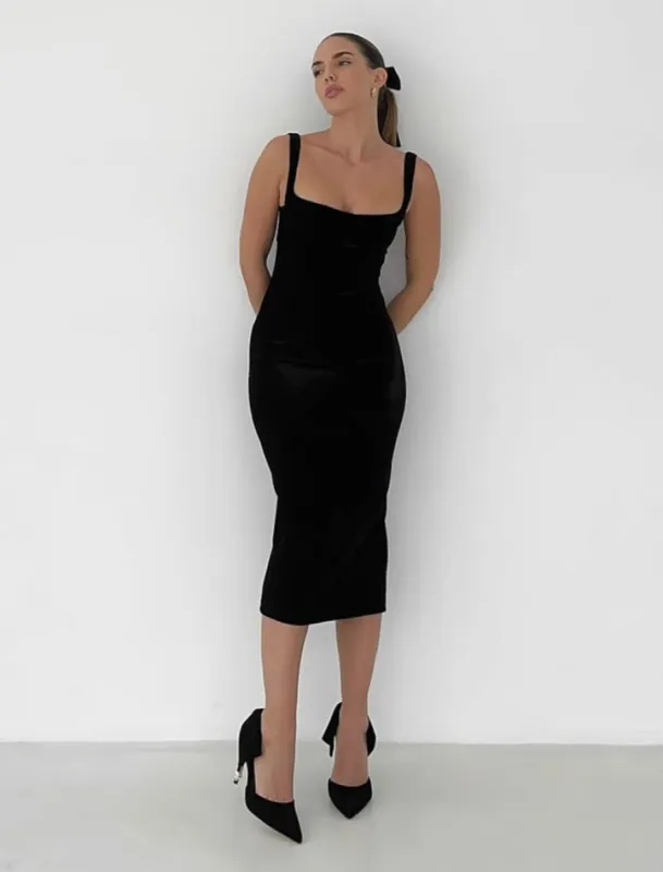 Runway Midi Dress | Black Velvet sold by Rumored