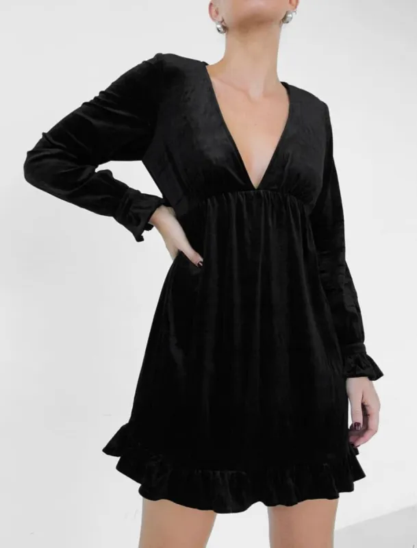 Babydoll Mini Dress | Black Velvet sold by Rumored