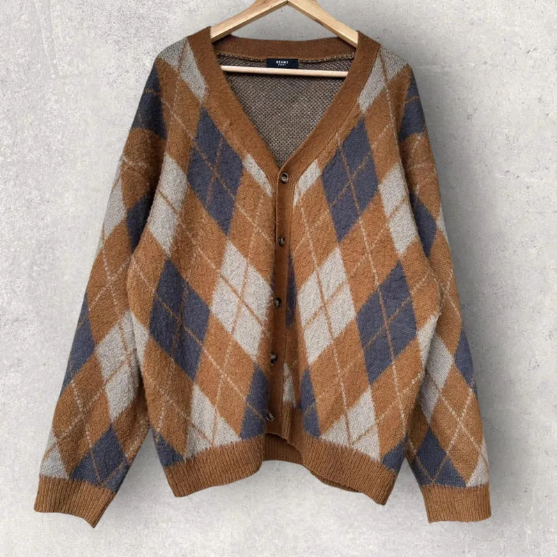 Beams Argyle Diamond Cardigan Brown M Japan Import made by Beams
