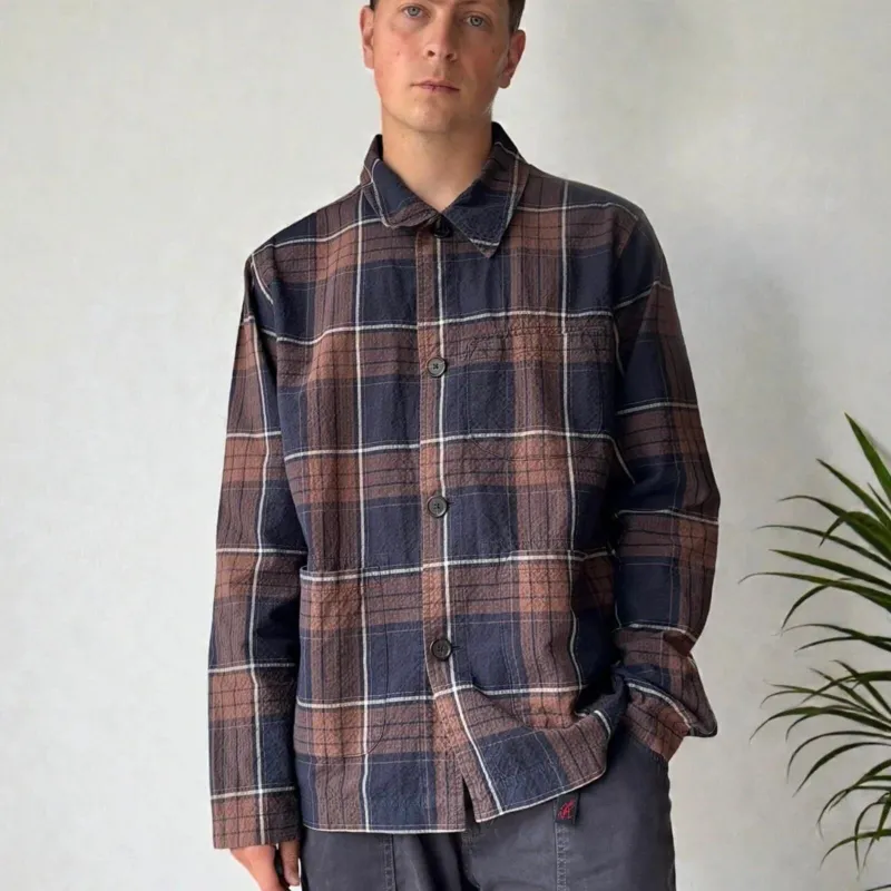 Universal Works Check Seersucker Overshirt Brown Navy L made by Universal Works