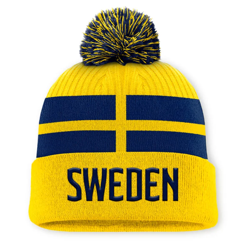 FANATICS 4 NATIONS FACEOFF TEAM SWEDEN TEAM 11 ARCYLIC CUFFED POM ADULT YELLOW BEANIE made by Pro Hockey Life